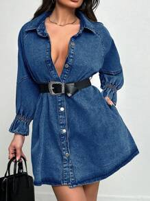 RueChic Drop Shoulder Denim Dress - Navy Blue - View 1