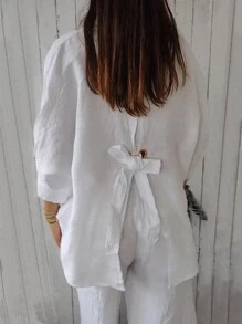 女式纯色简约纽扣衬衫，日常穿着 - 白色 - 查看 2