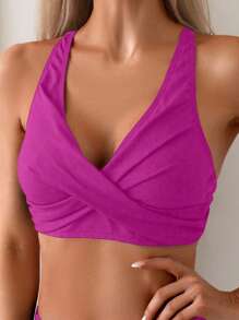 SHEIN Swim Summer Beach Solid Color Strap Backless Halter Bikini Top - Hot Pink - View 3