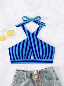 SHEIN Swim 女士條紋印花比基尼上衣，隨機印花 - 藍色 - 查看 6