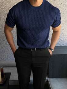 Men's Solid Color Minimalist Casual Short Sleeve Knit Sweater - Navy Blue - View 4