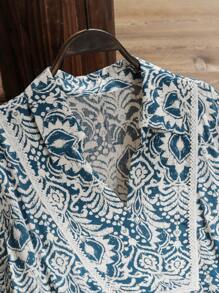 Seusyu 大码女式花卉印花 V 领半袖宽松阿拉伯长款朴素连衣裙 - 彩色 - 查看 5