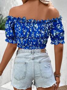 SHEIN VCAY Áo nữ Dây kéo viền lá sen Họa tiết hoa Boho - Màu xanh lam - Xem 2