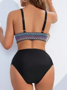 SHEIN Swim Women's Holiday Patchwork Wave Braided Sexy Bikini Set Summer - Multicolor - View 2