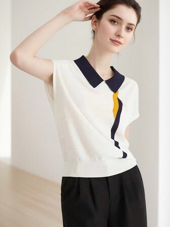 Minimalist Color Block Short Sleeve Turn-Down Collar Sweater Top For Women, Slim Fit, Pullover