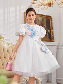 SHEIN Vestido de cuello redondo de manga abullonada decorado con flores 3D de estilo vintage para niña preadolescente hermosa