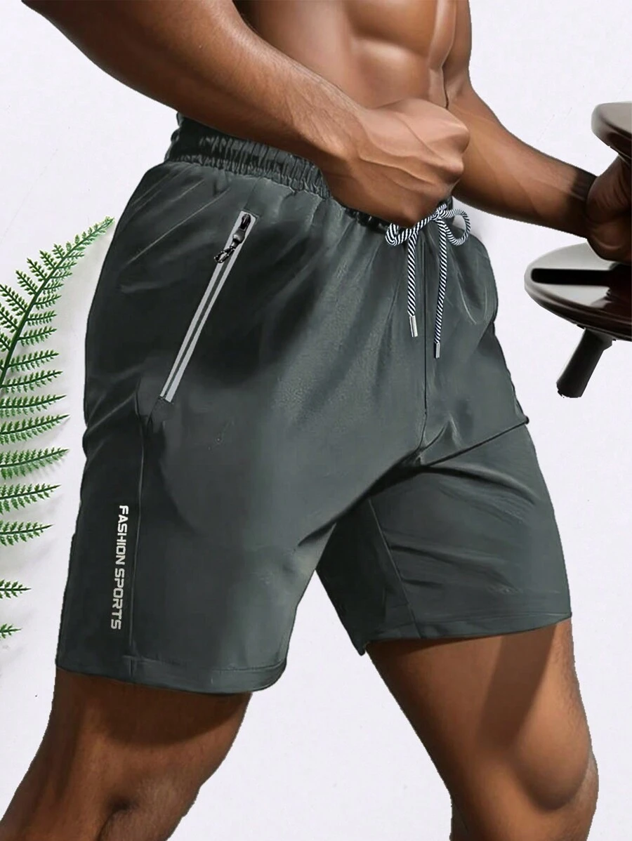 Men's Drawstring Waist Letter Printed Sports Shorts, Fitness Training Shorts - Dark Grey - View 1