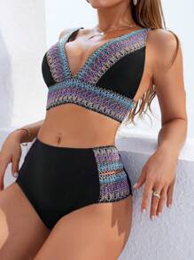 SHEIN Swim Women's Holiday Patchwork Wave Braided Sexy Bikini Set Summer - Multicolor - View 5