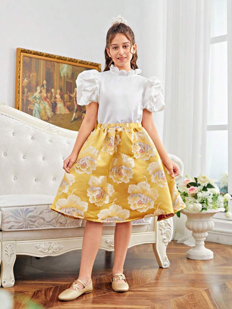 Tween Girl Cute Stand Collar Three-Dimensional Sleeve Shirt And Floral Print A-Line Skirt Two Piece Set