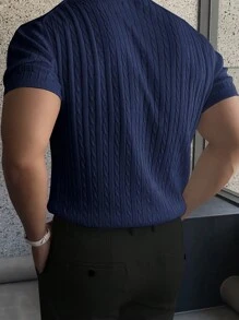 Men's Solid Color Minimalist Casual Short Sleeve Knit Sweater - Navy Blue - View 3