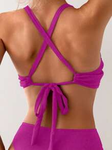 SHEIN Swim Summer Beach Solid Color Strap Backless Halter Bikini Top - Hot Pink - View 2