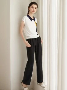 女士極簡色塊短袖下翻領毛衣，修身版型，套頭式 - 白色 - 查看 5