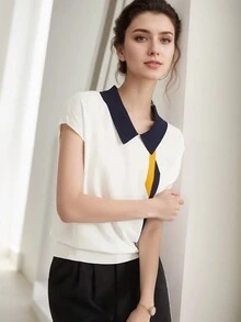 女士極簡色塊短袖下翻領毛衣，修身版型，套頭式 - 白色 - 查看 7