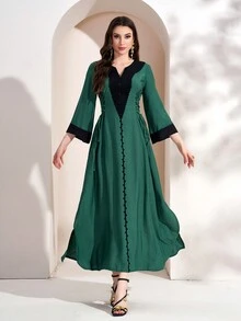Đầm dài nữ thanh lịch phối màu tương phản, thắt eo chéo, xẻ tà, thích hợp cho mùa xuân/hè và lễ Eid. - Màu xanh lá cây đậm - Xem 3