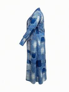 新款女士时尚拼色牛仔效果风衣夹克中长款外套，秋冬