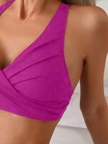 SHEIN Swim Summer Beach Solid Color Strap Backless Halter Bikini Top - Hot Pink - View 4