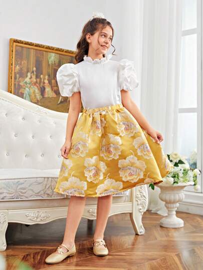 SHEIN 少女可愛立領三維袖襯衫和花卉印花A字裙兩件套裝