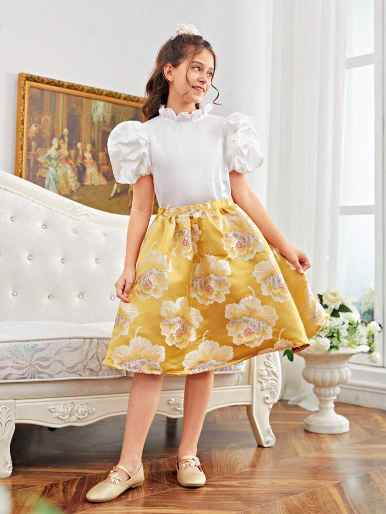Tween Girl Cute Stand Collar Three-Dimensional Sleeve Shirt And Floral Print A-Line Skirt Two Piece Set