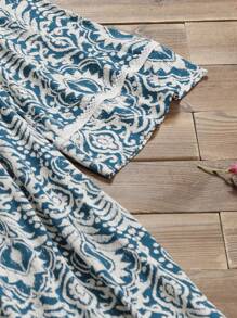 Seusyu 大码女式花卉印花 V 领半袖宽松阿拉伯长款朴素连衣裙 - 彩色 - 查看 4