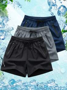 Men's Solid Color Drawstring Waist Pocketed Summer Sports Shorts - Black - View 1