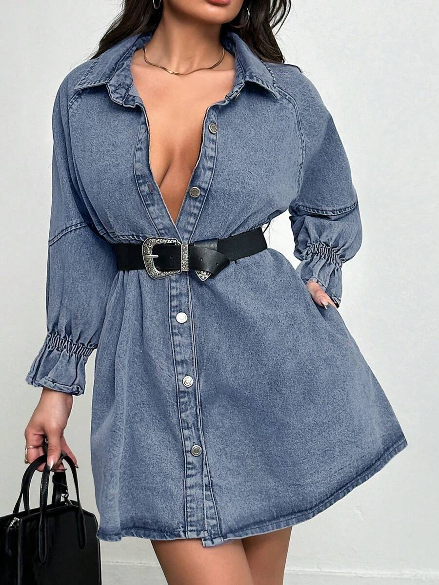 Cottnline Bell Sleeve Shirt Dress Without Belt - Blue - View 1