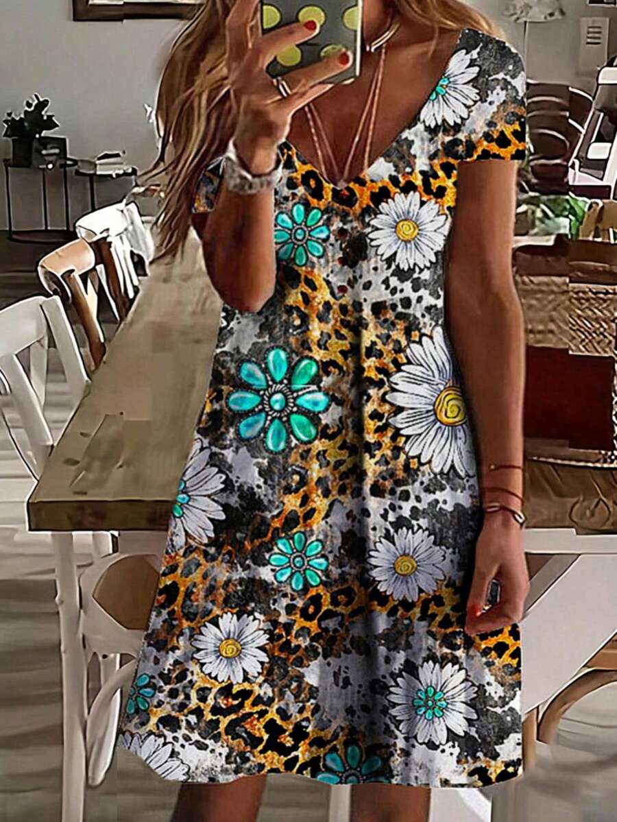 New Arrival Women's Casual Vacation V-Neck Leaf Pattern Random Printed Short Sleeve Dress - Multicolor - View 1