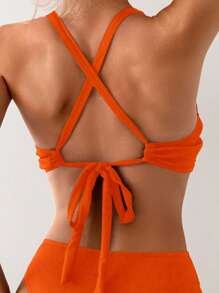 SHEIN Swim Ladies' Solid Color Front Cross Strap Bikini Top For Summer Beach Bathing Suit - Orange - View 2