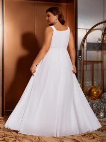 女式大码雪纺刺绣花朵收腰 V 领无袖白色婚纱优雅新娘礼服 - 白色 - 查看 2