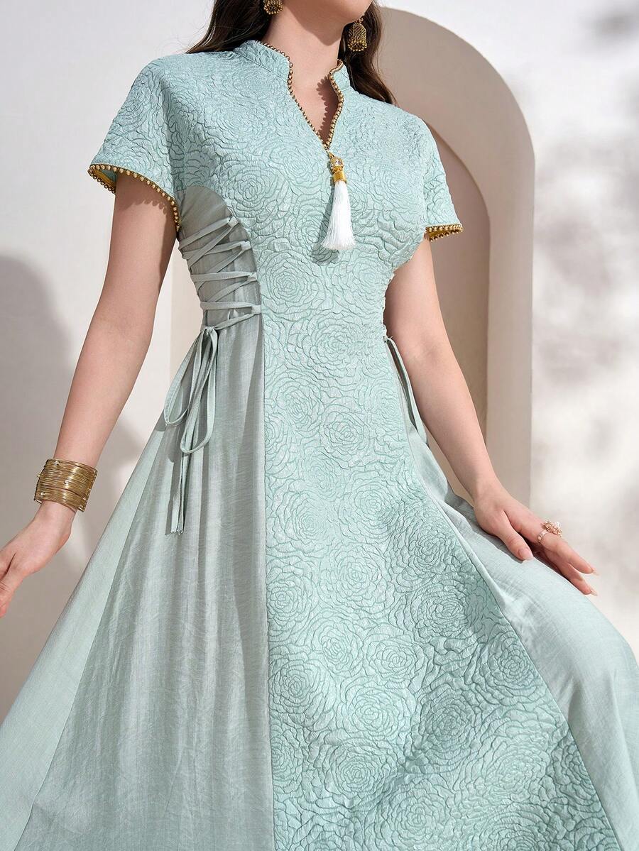 Women's Notched Neck Lace-Up Solid Color Short Sleeve Arabian Dress Eid Spring