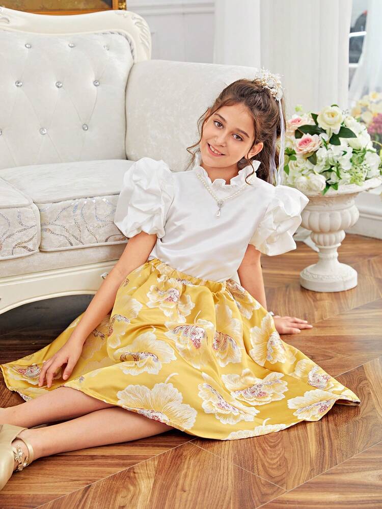 Tween Girl Cute Stand Collar Three-Dimensional Sleeve Shirt And Floral Print A-Line Skirt Two Piece Set