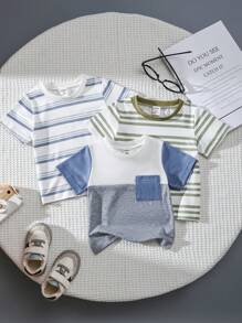 SHEIN Vintaside Kids 嬰兒男童顏色拼接休閒圓領短袖上衣，夏季