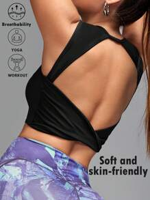 Innovista Women Summer Solid Color Round Neck Crop Slim Sports Tank Top - Black - View 1