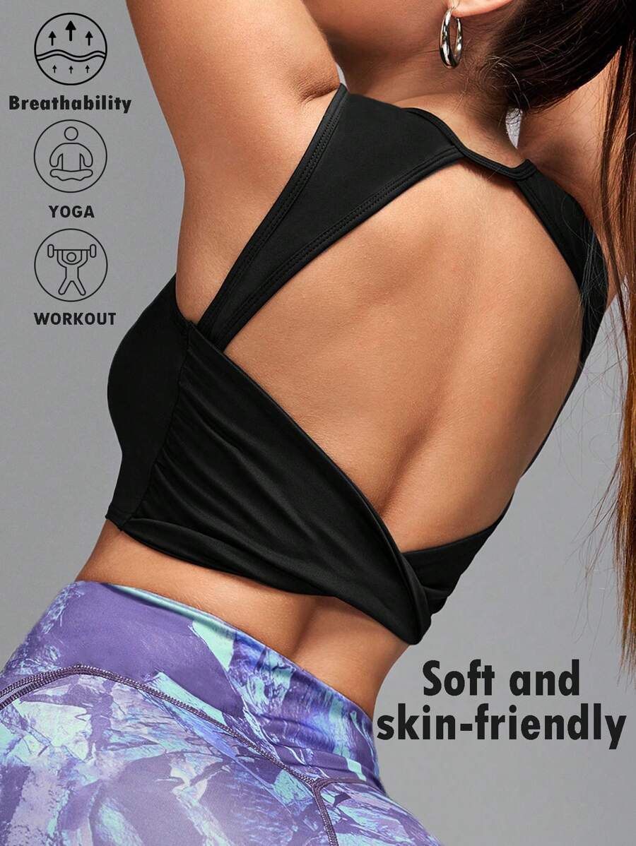 Innovista Women Summer Solid Color Round Neck Crop Slim Sports Tank Top - Black - View 1