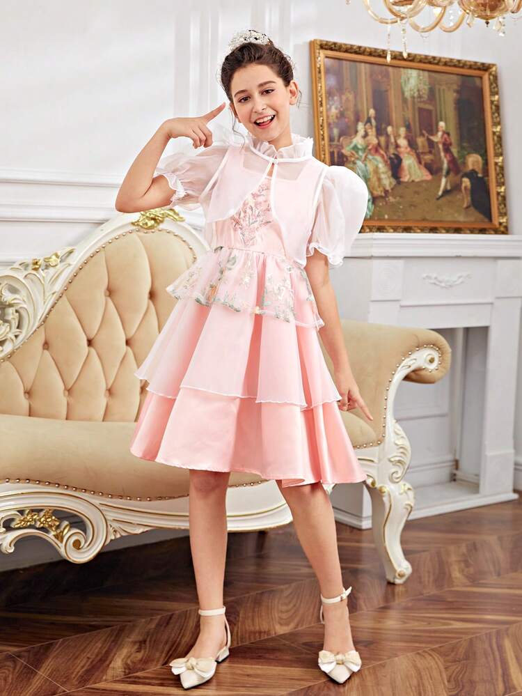 2pcs/Set Casual Bubble Sleeve Top And Embroidered Floral Pattern Dress For Tween Girls