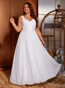 女式大码雪纺刺绣花朵收腰 V 领无袖白色婚纱优雅新娘礼服 - 白色 - 查看 8