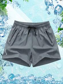 Men's Solid Color Drawstring Waist Pocketed Summer Sports Shorts - Black - View 4