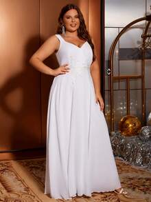 女式大码雪纺刺绣花朵收腰 V 领无袖白色婚纱优雅新娘礼服 - 白色 - 查看 7