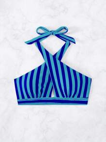 SHEIN Swim 女士條紋印花比基尼上衣，隨機印花 - 藍色 - 查看 5