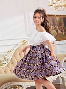 SHEIN Cô gái Tween Đáng yêu Vai xiên Viền Ruffle Áo & Dệt hoa Váy chữ A Hai chiếc Bộ - Màu tím - Xem 4