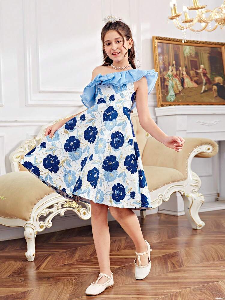 Tween Girls' Vacation Cute Oblique Shoulder Ruffle Hem Floral Print Midi Dress