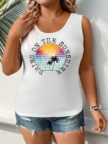 Calvaya Plus Size Women's Letter & Palm Tree Printed Round Neck Tank Top