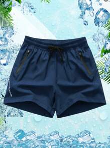 Men's Solid Color Drawstring Waist Pocketed Summer Sports Shorts - Black - View 5