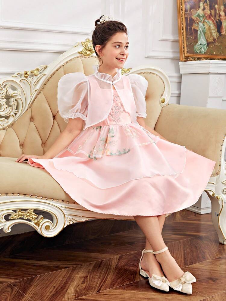 2pcs/Set Casual Bubble Sleeve Top And Embroidered Floral Pattern Dress For Tween Girls