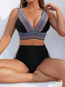SHEIN Swim Women's Holiday Patchwork Wave Braided Sexy Bikini Set Summer - Multicolor - View 4