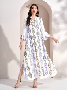 Robe arabe minimaliste de tous les jours pour femmes avec décoration contrastée de sequins - Blanc - Voir 2