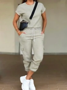 Women's Summer Outfit, Solid Color Short Sleeve Top And Utility Joggers Pants Set - Grey - View 1