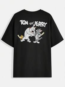 TOM & JERRY X SHEIN Men's Simple Cartoon Printed Round Neck Short Sleeve T-Shirt, Emo - Black - View 1