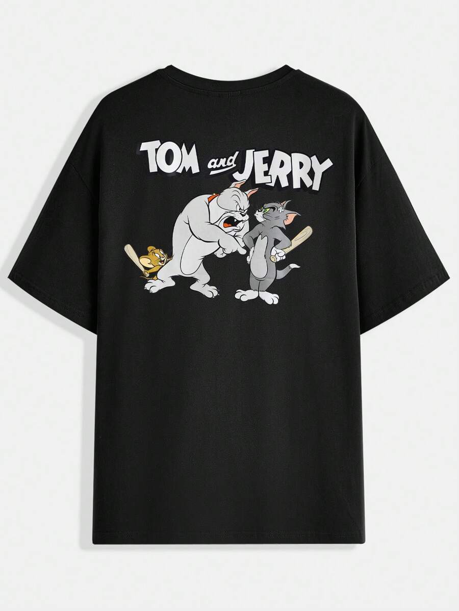 TOM & JERRY X SHEIN Men's Simple Cartoon Printed Round Neck Short Sleeve T-Shirt, Emo - Black - View 1