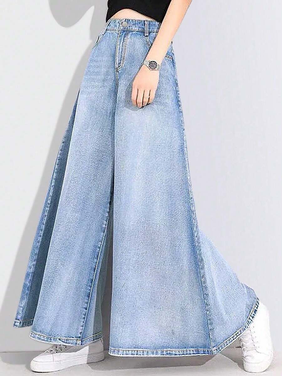 Solid Wide Leg Jeans - Light Wash - View 1