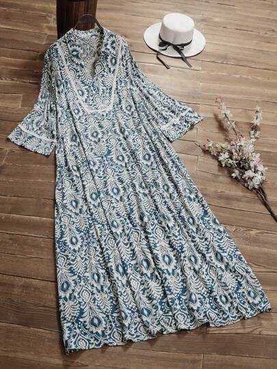 Seusyu 大码女式花卉印花 V 领半袖宽松阿拉伯长款朴素连衣裙